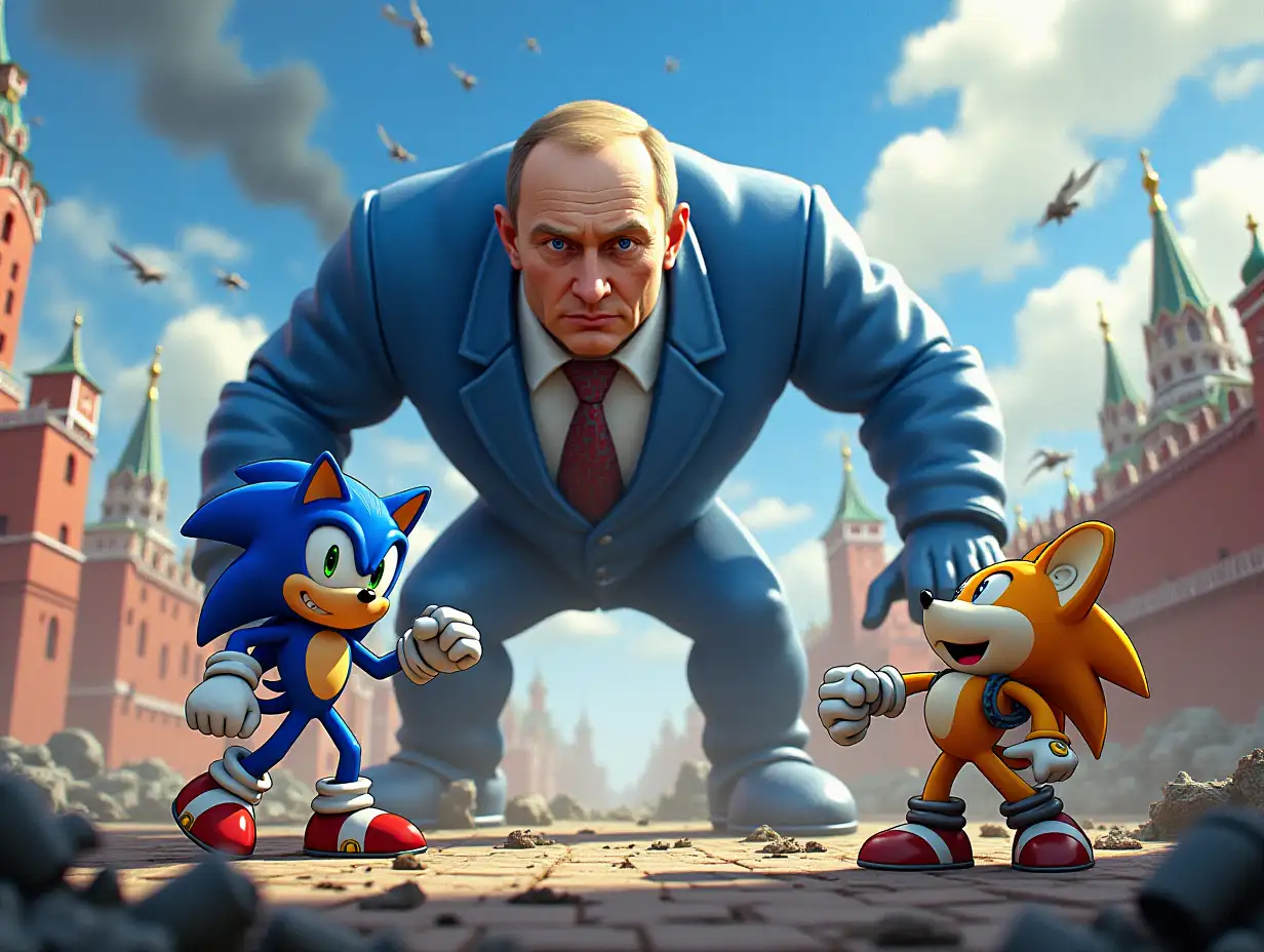 Depict Sonic and a Fox-like character battling a boss modeled after Vladimir Putin on a Red Square-inspired level, rendered in blue and yellow (the colors of the Ukrainian flag). The scene features military equipment, wreckage, and symbolic details amidst intense combat chaos.