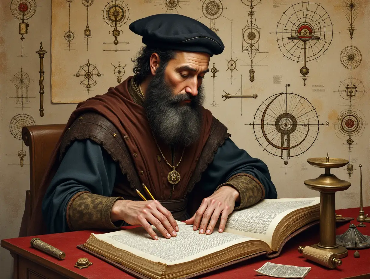 A medieval scholar, Ramon Llull, working on an ancient manuscript surrounded by mechanical diagrams of early reasoning devices.