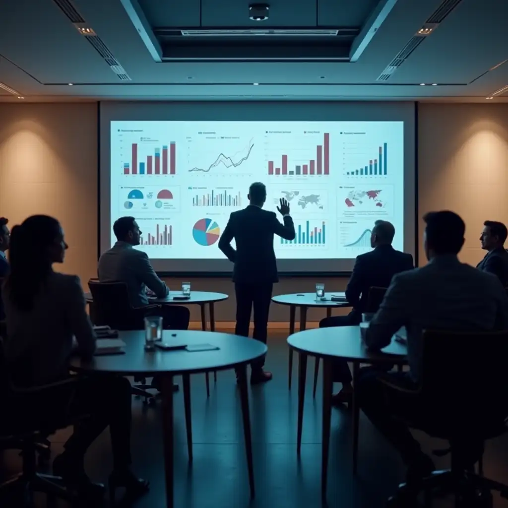 A professional and modern business image in a large, well-lit room, where a group of people actively participate in an interactive meeting. Attendees are seated at round tables and collaborate as a team, with gestures of concentration, enthusiasm, and participation. In the center of the room, a facilitator uses a large screen to display graphs, diagrams, and dynamic visualizations to capture everyone's attention. The scene should convey an environment that promotes active learning and idea exchange. There is energy and connection in the air among the participants, who seem to be grasping the information presented with maximum attention. The atmosphere is warm, modern, and professional, and attendees are dressed in formal business attire, while the predominant colors of the image are blues and grays, symbolizing trust and clarity. The visual elements in the room reinforce the idea of effective participation and maximum assimilation of activity.