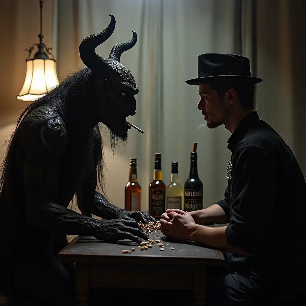 A young man sitting on a table, a demon is speaking to him face to face, both are seated, the table has a lamp, bottles of wine and alcohol, cigarettes, and the man is holding a cigarette in his hand, the demon has a cigarette in its mouth, they are at a distance of 2m maximum. The demon is on the left and the man is on the right side. The demon must be dressed, it must wear a hat.