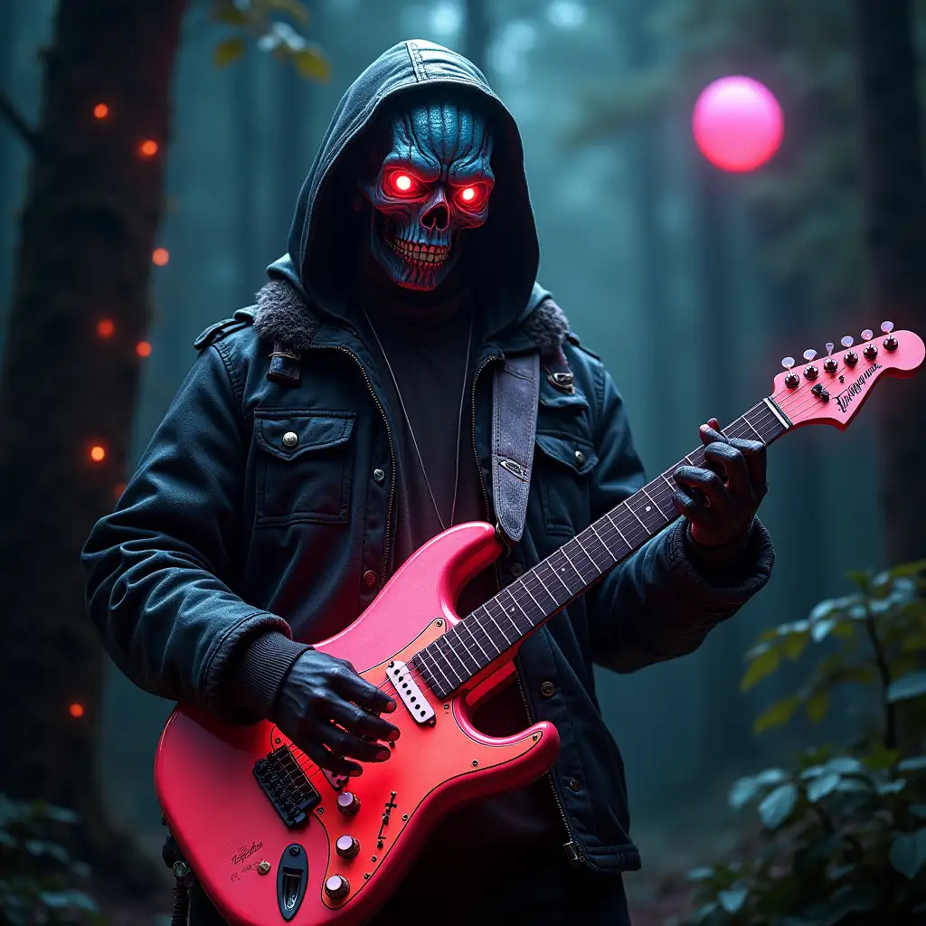 ultra detailed hyperrealistic portrait of a Drachemit with an electro guitar that is very beautiful and comes from the forest and the area around it is a disco with glowing ball