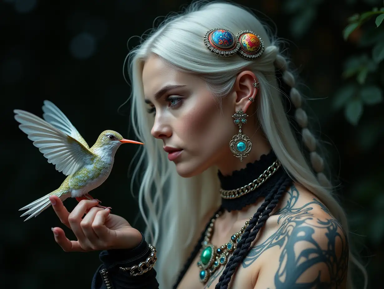 user_prompt: Hyperrealistic representation of a beautiful white woman with a smiley face tattoo, futuristic long white hair with black braided hair and laced boots, holding in her hand a hummingbird with intricately detailed, colorful and futuristic jewelry. Blurred black background 120-mm shot