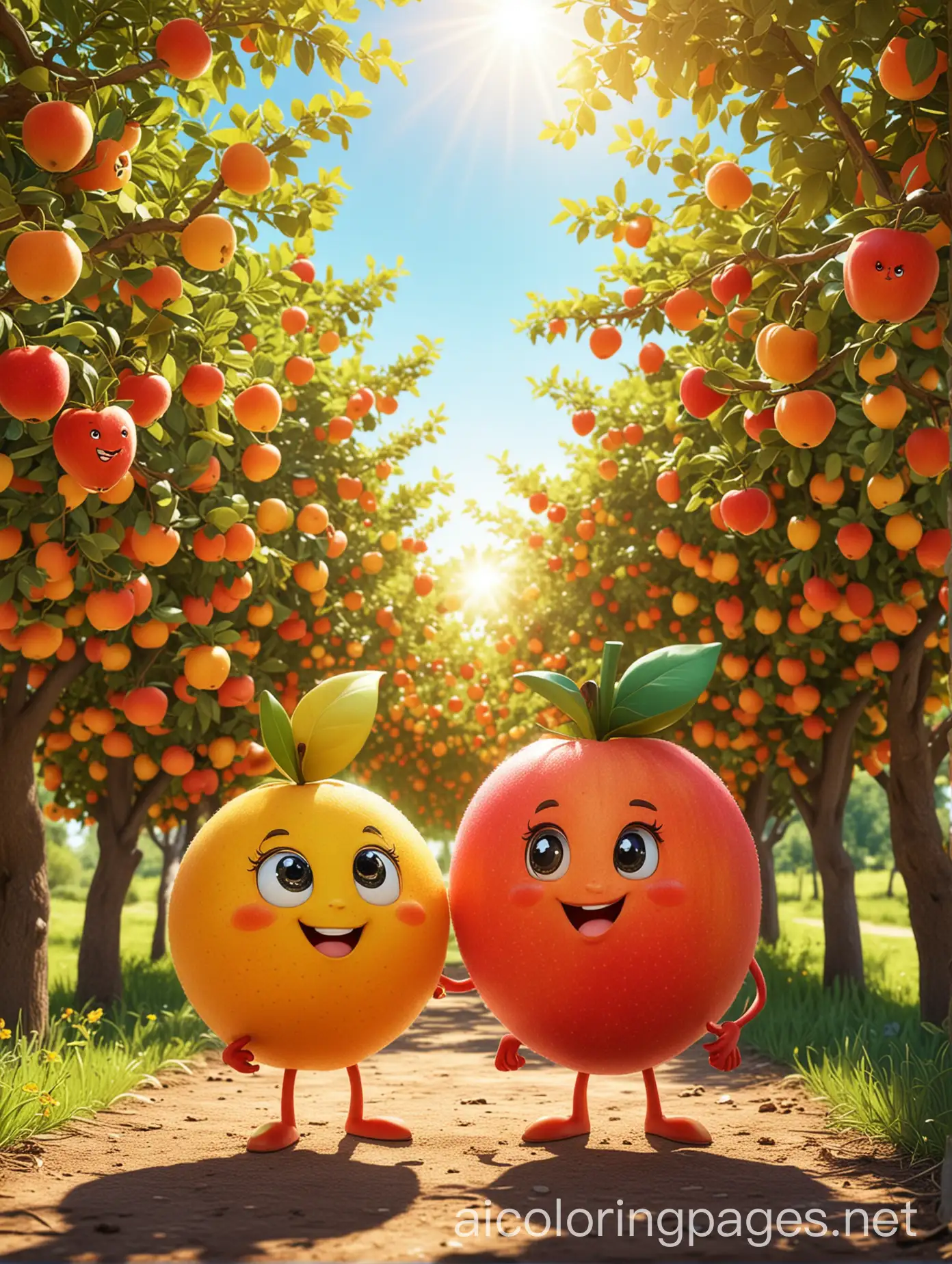 Sol-and-Rosa-Adorable-Cartoon-Fruit-Characters-in-a-Sunlit-Orchard