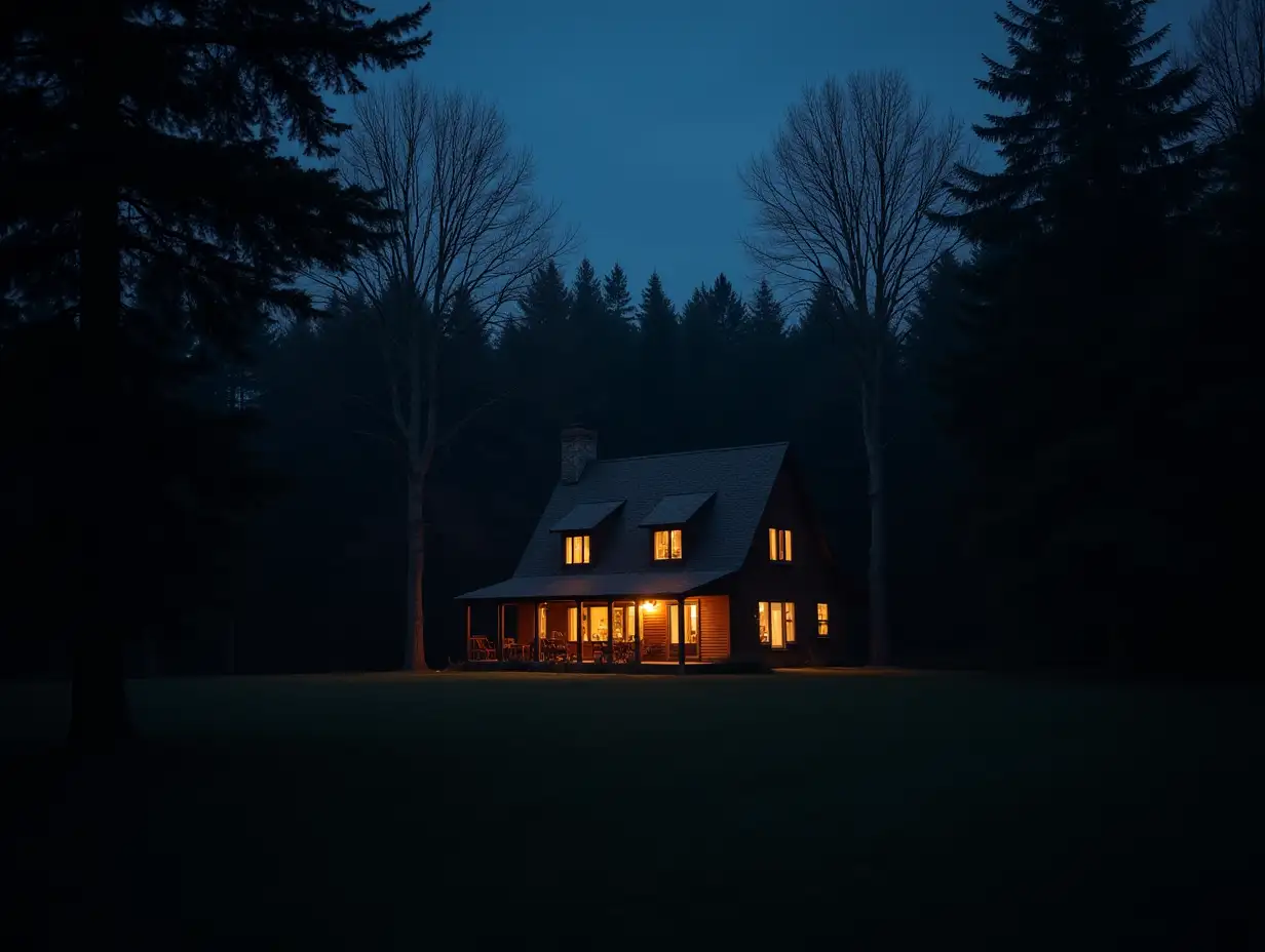 Mysterious-House-Illuminated-in-the-Dark-Woods-at-Dusk