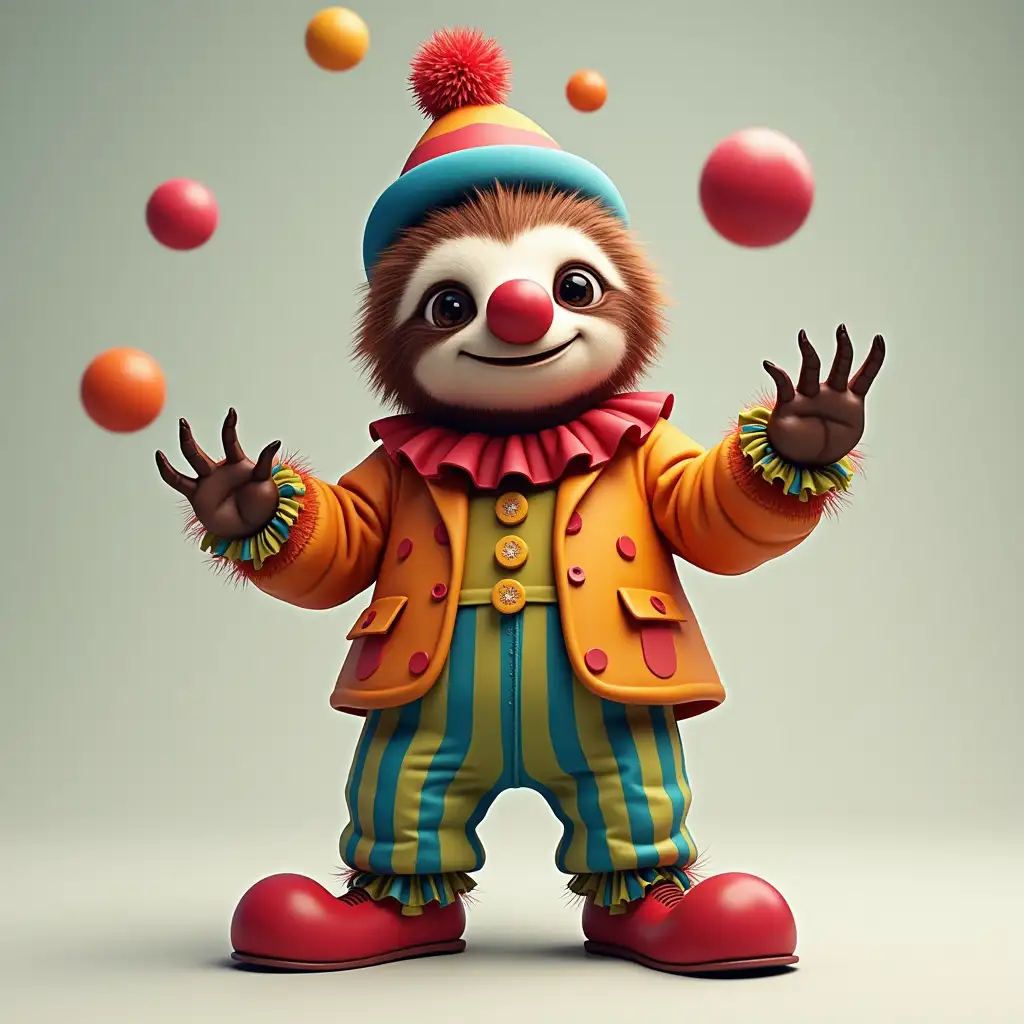 A sloth wearing a colorful clown outfit with a big red nose, oversized shoes, and juggling small colorful balls. The sloth could have a playful, relaxed expression to capture its laid-back nature while still embracing the clownish vibe.