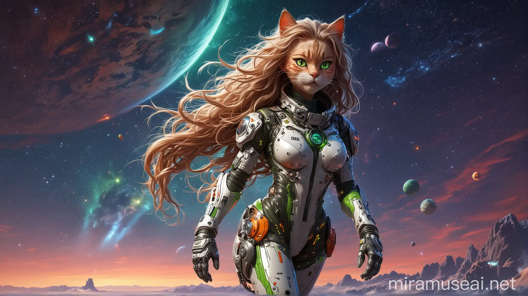 Futuristic Feline Fitness Warrior in a Starlit Adventure