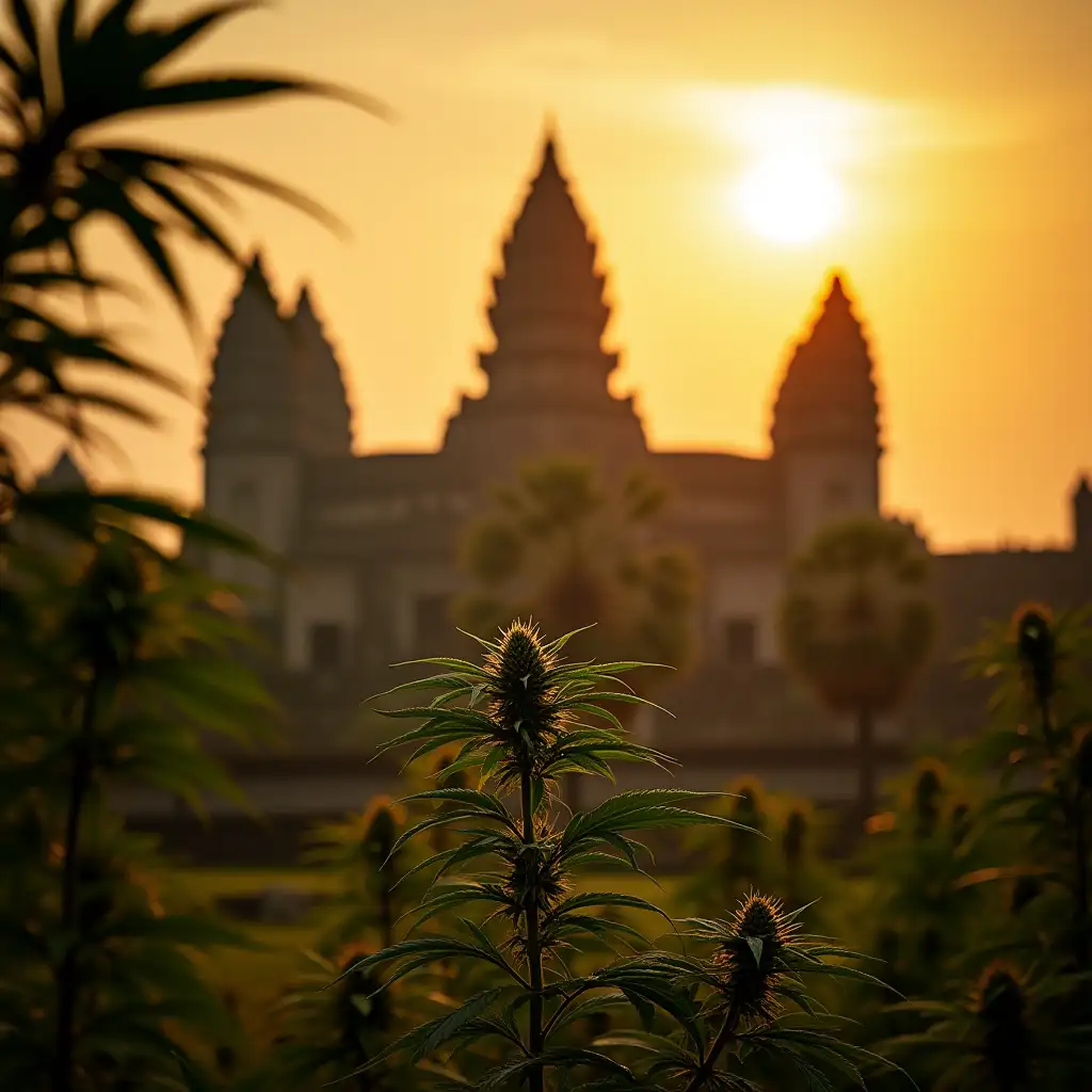 I want angkor wat in golden sunshine in the background with some visible marijuana leaves growing around the bottom of the frame.