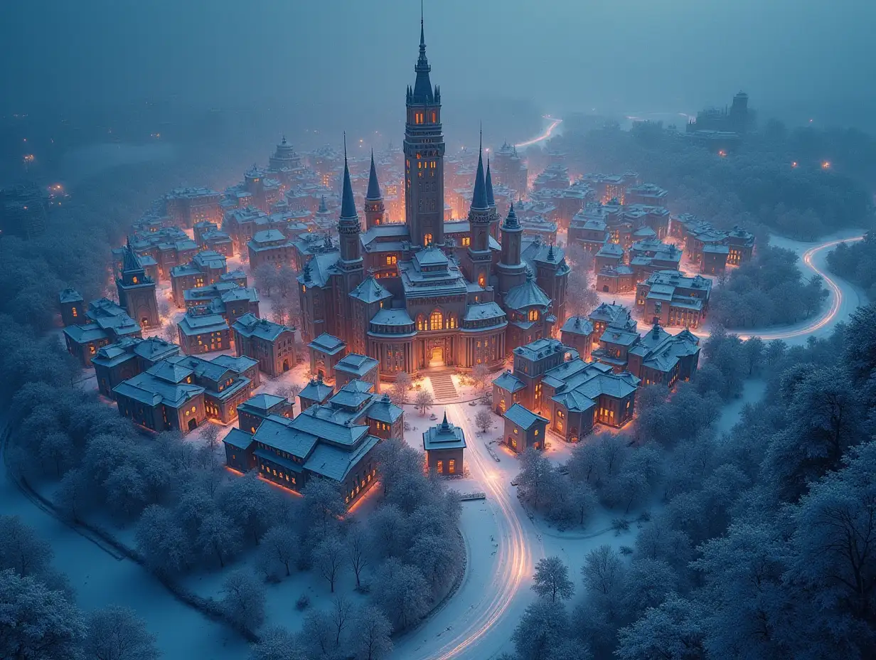 Aerial-View-of-a-Beautiful-Egalitarian-City-in-Snow-Glowing-with-Light