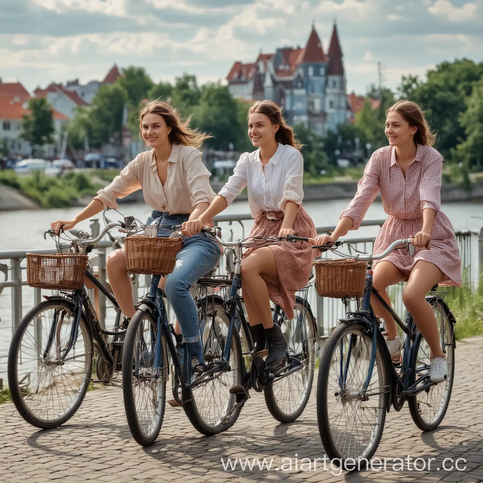 Three-Young-Women-Cycling-Along-Kaliningrad-Embankment