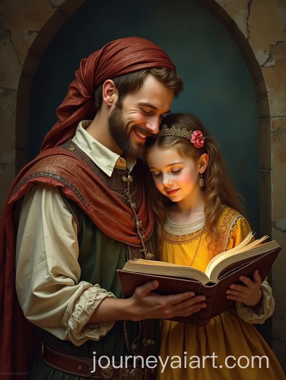 Medieval-Style-Art-Happy-Man-and-Girl-Reading-Book