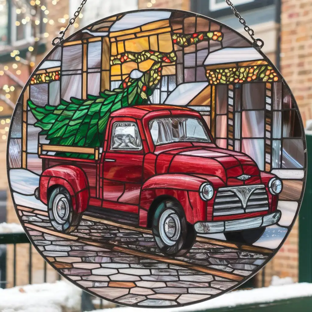 Stained Glass Scene of a Red Truck with a Christmas Tree on a Snowy Day