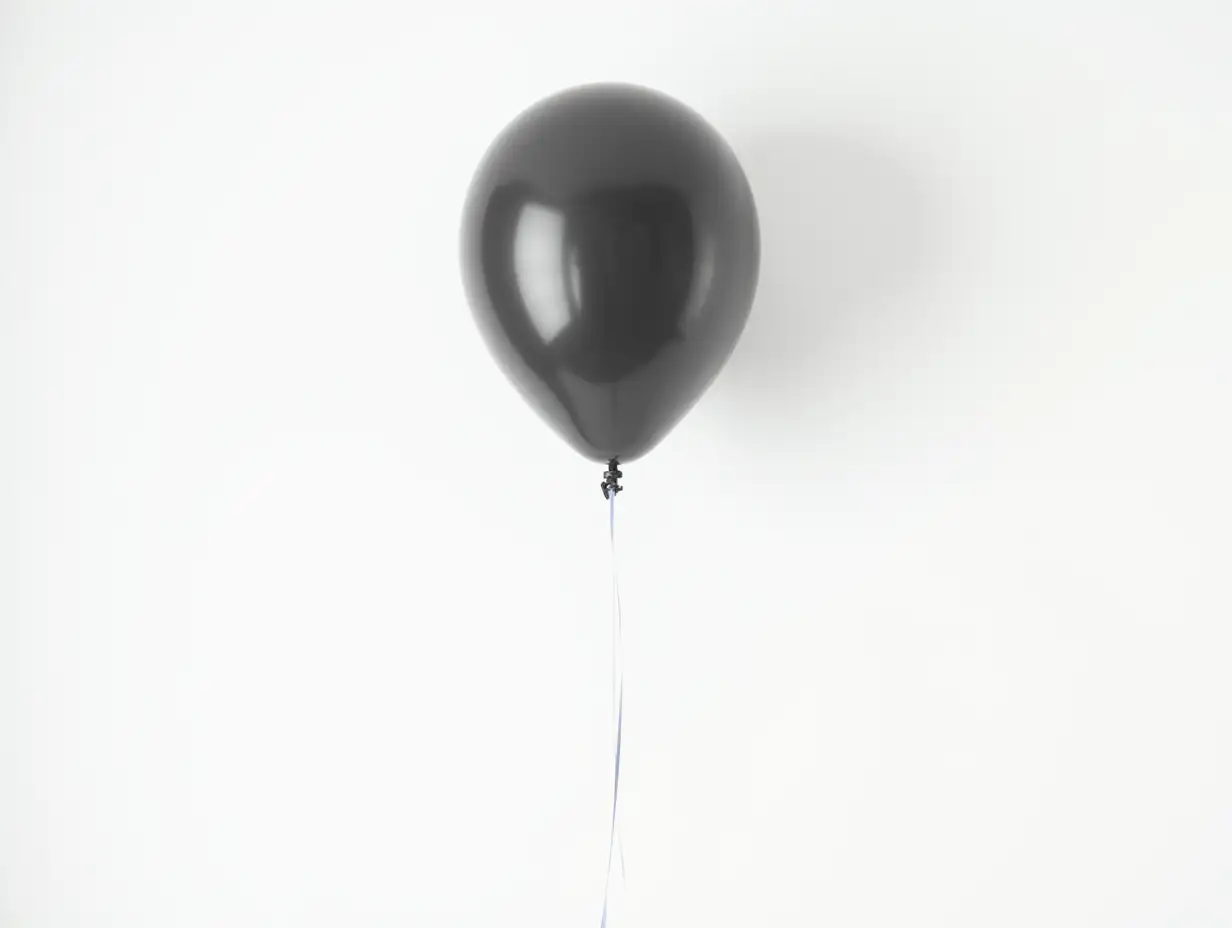 A single black balloon tied to a string floating against a clean white background