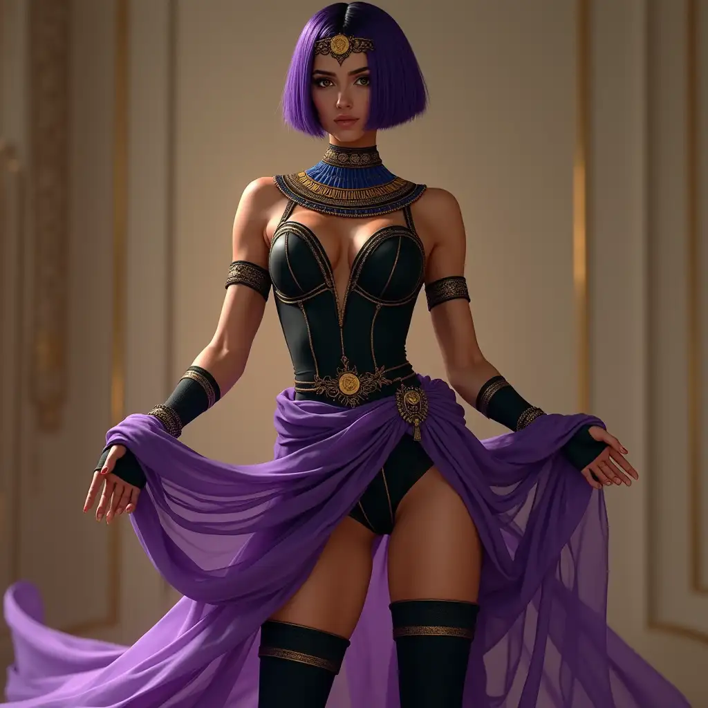 A hyper-realistic image of a stunning woman from Egypt inspired by Menat's from Street Fighter  Egyptian aesthetic,  with a sleek purple bob haircut with a simple gold tiara that frames her elegant features. She is wearing a sleek black full-body suit with intricate gold accents, designed to emphasize her athletic and toned physique. Flowing, semi-transparent purple fabrics wrap around her waist, forming a regal skirt that drapes elegantly and extends toward her wrists, as well as on her shoulders and back, creating a dynamic and graceful appearance. Her legs are adorned with over-the-knee black socks featuring a single golden stripe in the middle, harmonizing with the gold detailing of her outfit. Around her neck is a bold, statement choker—an ornate ancient Egyptian design of vivid blue with gold vertical stripes, adding a majestic and authentic touch. The lighting is soft and warm, bringing out the realistic textures of her skin, the black and purple fabrics, and her gold accessories. The background is minimal and softly blurred, ensuring the focus remains entirely on her detailed outfit and confident, poised stance.