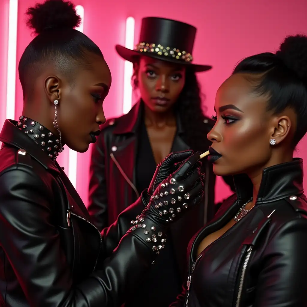 Three-Black-Women-Applying-Makeup-to-Cynthia-Erivo-in-Bold-Leather-Fashion