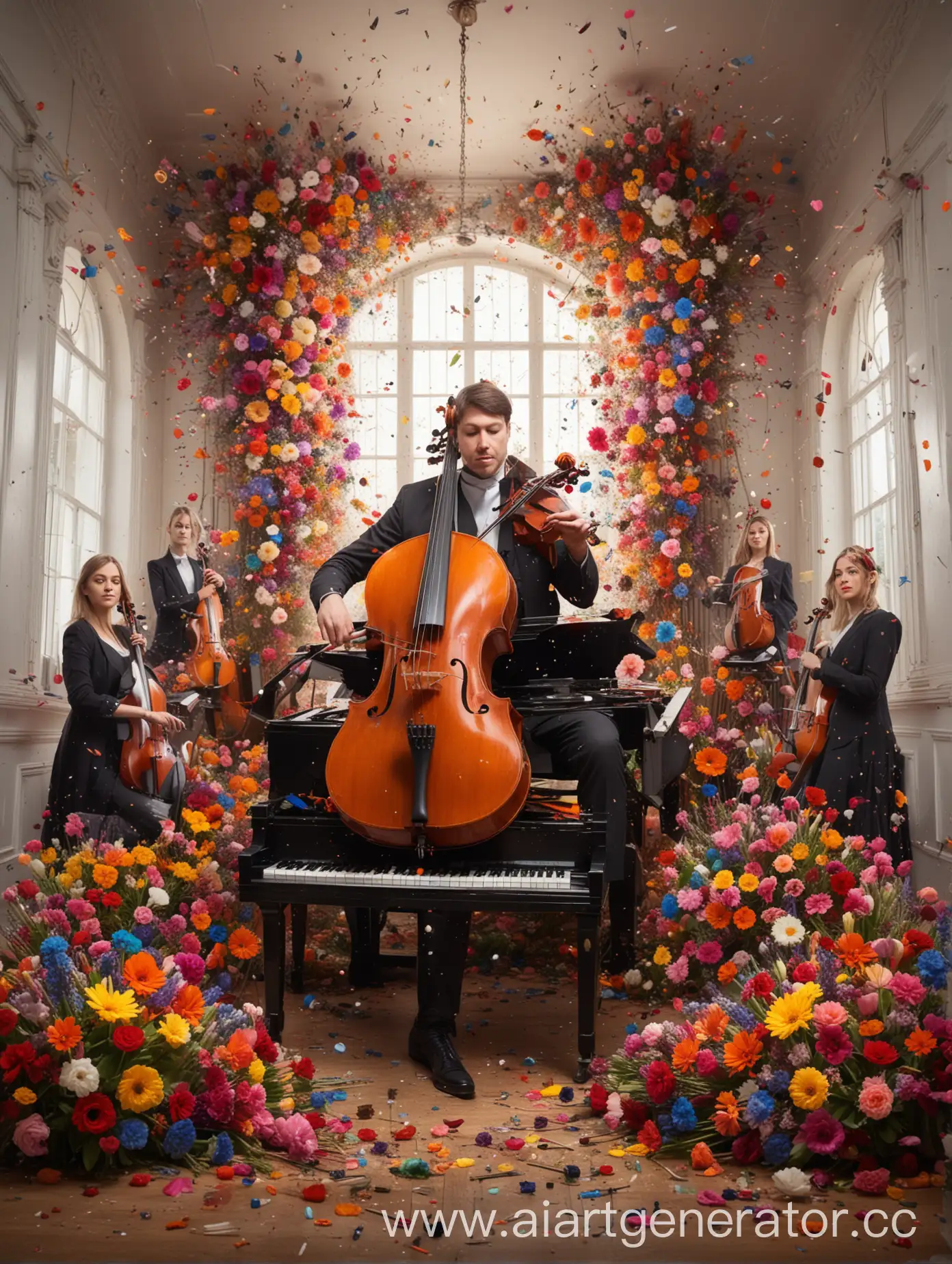 Pianist-Surrounded-by-Violins-Double-Bass-Exploding-Piano-Keys-and-Colorful-Flowers-with-Synthesizer