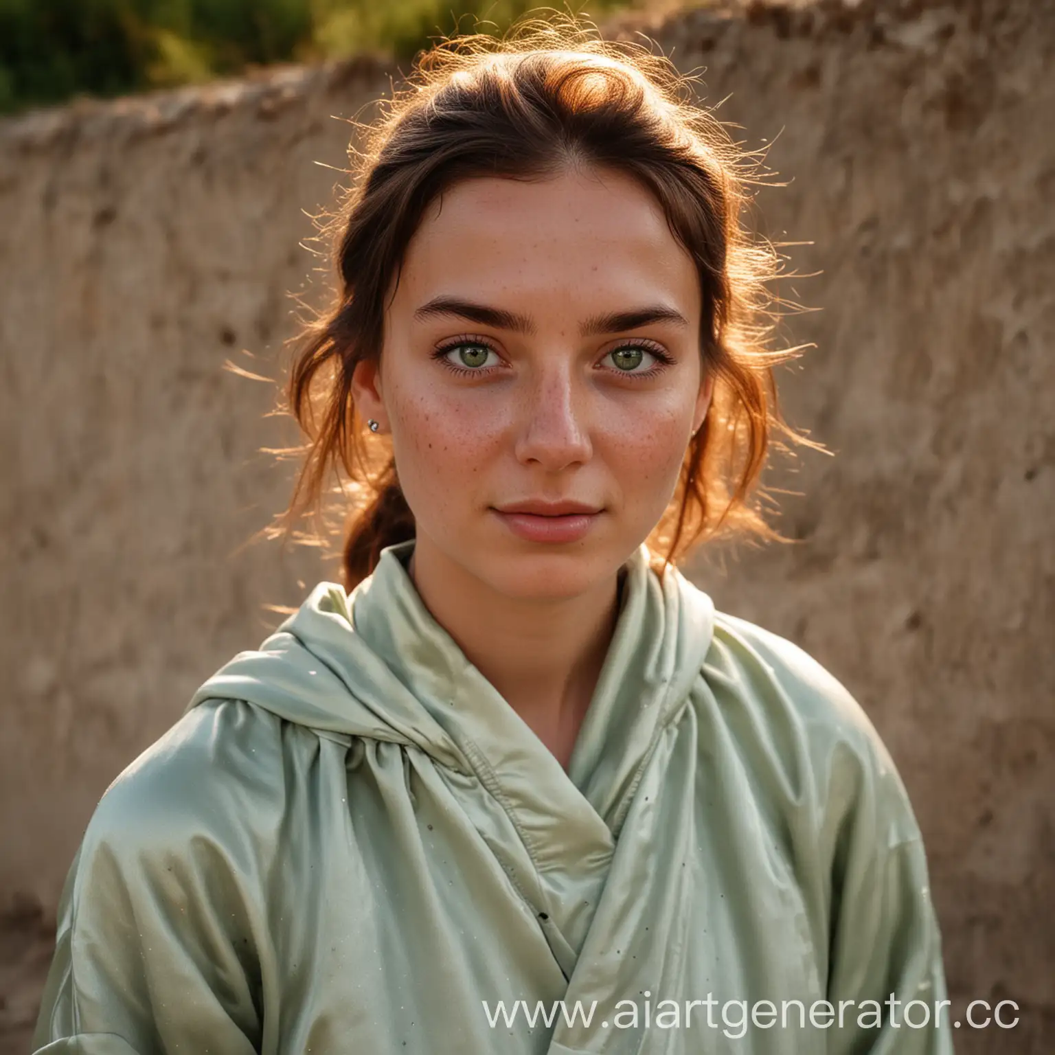 Sporty-Orthodox-Girl-in-Satin-Wrap-at-Sunset-on-Bunker-Background