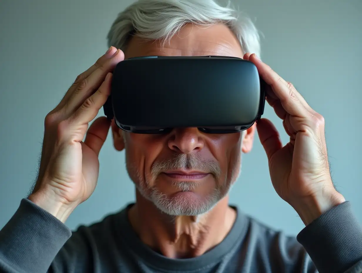 A man in his 60s looks directly at the viewer. his hair is white with grey. his face is smoothly shaved but with fine lines. he removes a virtual reality helmet from his head.