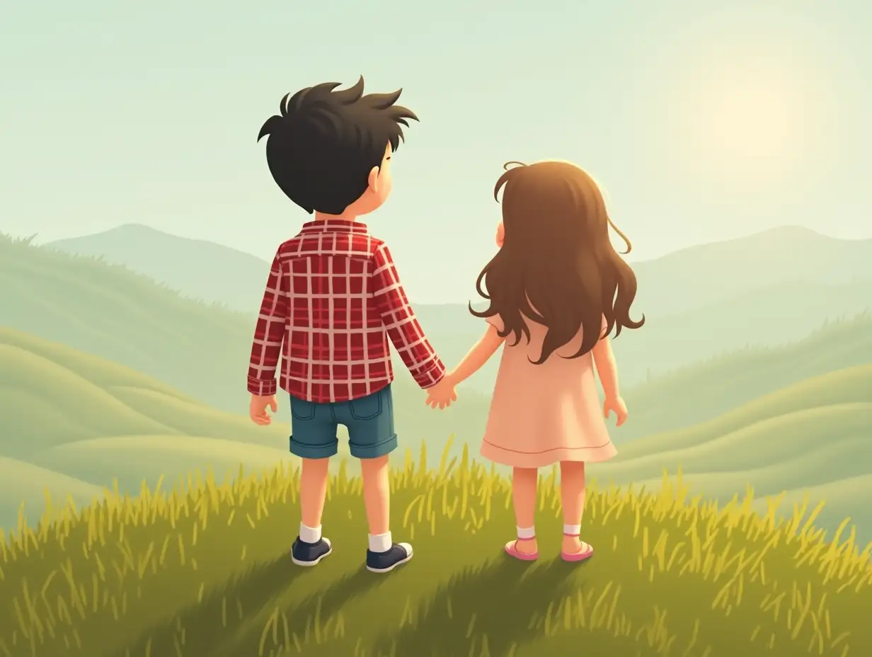 Boy-and-Girl-Standing-on-a-Grassy-Hilltop-in-Casual-Summer-Clothing