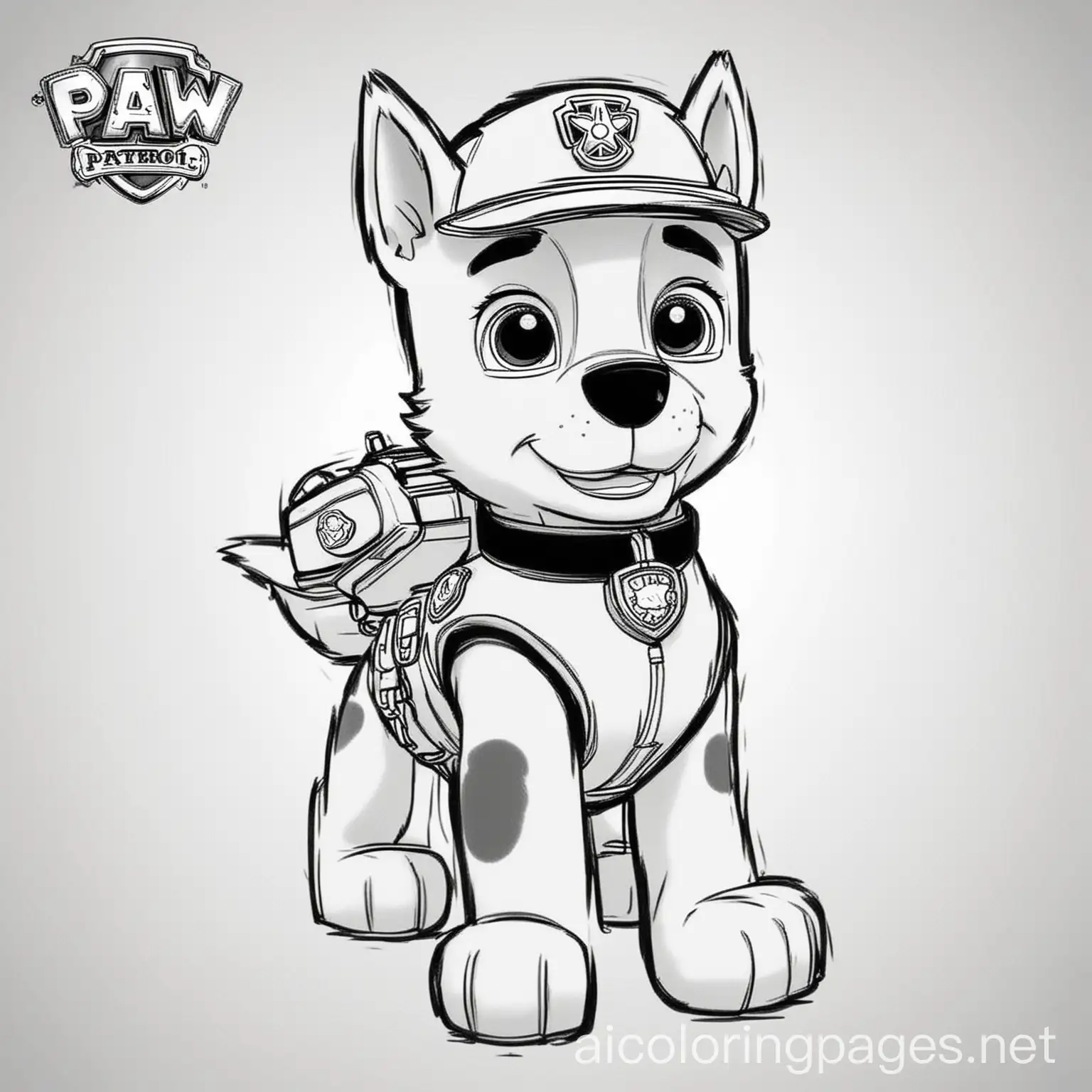 Paw patrol coloring book, Coloring Page, black and white, line art, white background, Simplicity, Ample White Space. The background of the coloring page is plain white to make it easy for young children to color within the lines. The outlines of all the subjects are easy to distinguish, making it simple for kids to color without too much difficulty