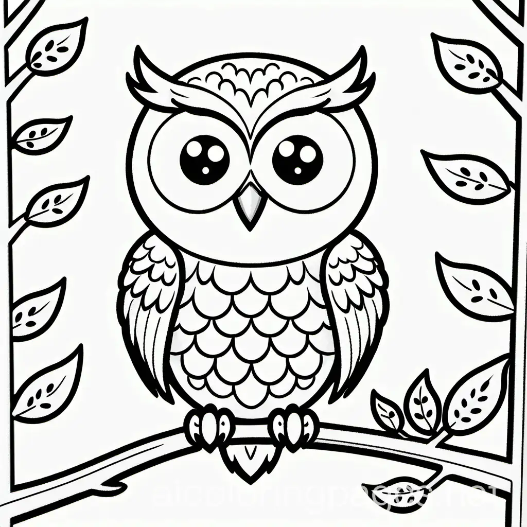 Cute Owl with a smile , Coloring Page, black and white, line art, white background, Simplicity, Ample White Space. The background of the coloring page is plain white to make it easy for young children to color within the lines. The outlines of all the subjects are easy to distinguish, making it simple for kids to color without too much difficulty