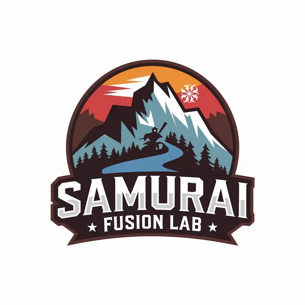 LOGO Design for Samurai Fusion Lab Vector Logo with Mountain River and Samurai Theme