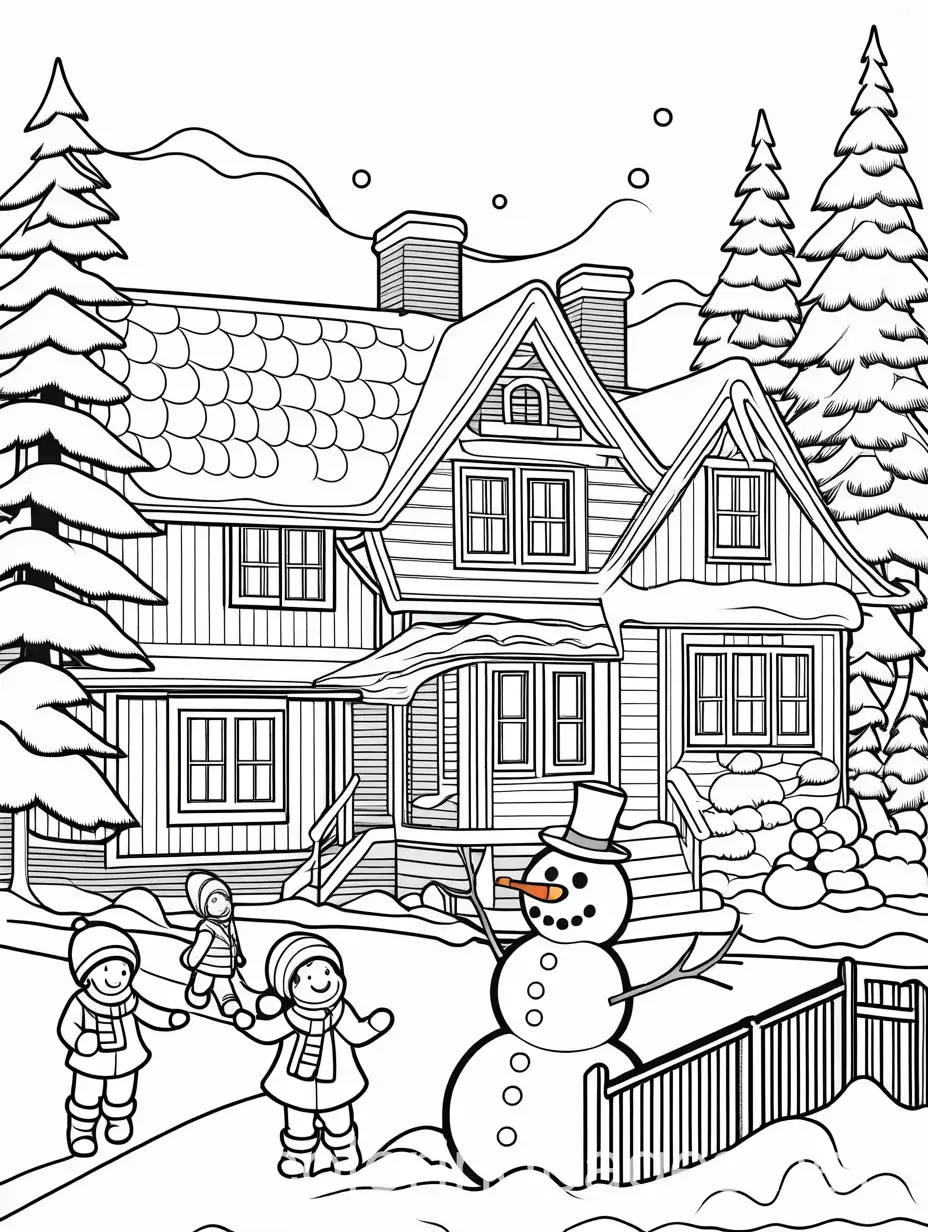 Snowy-Village-Coloring-Page-Children-Building-Snowman-in-Cozy-Cottages