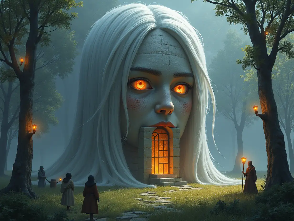 Creating a digital painting of a face with white hair transforms into a building with armor stones and illuminated trees with legs and lantern and people on a meadow it sees at noon