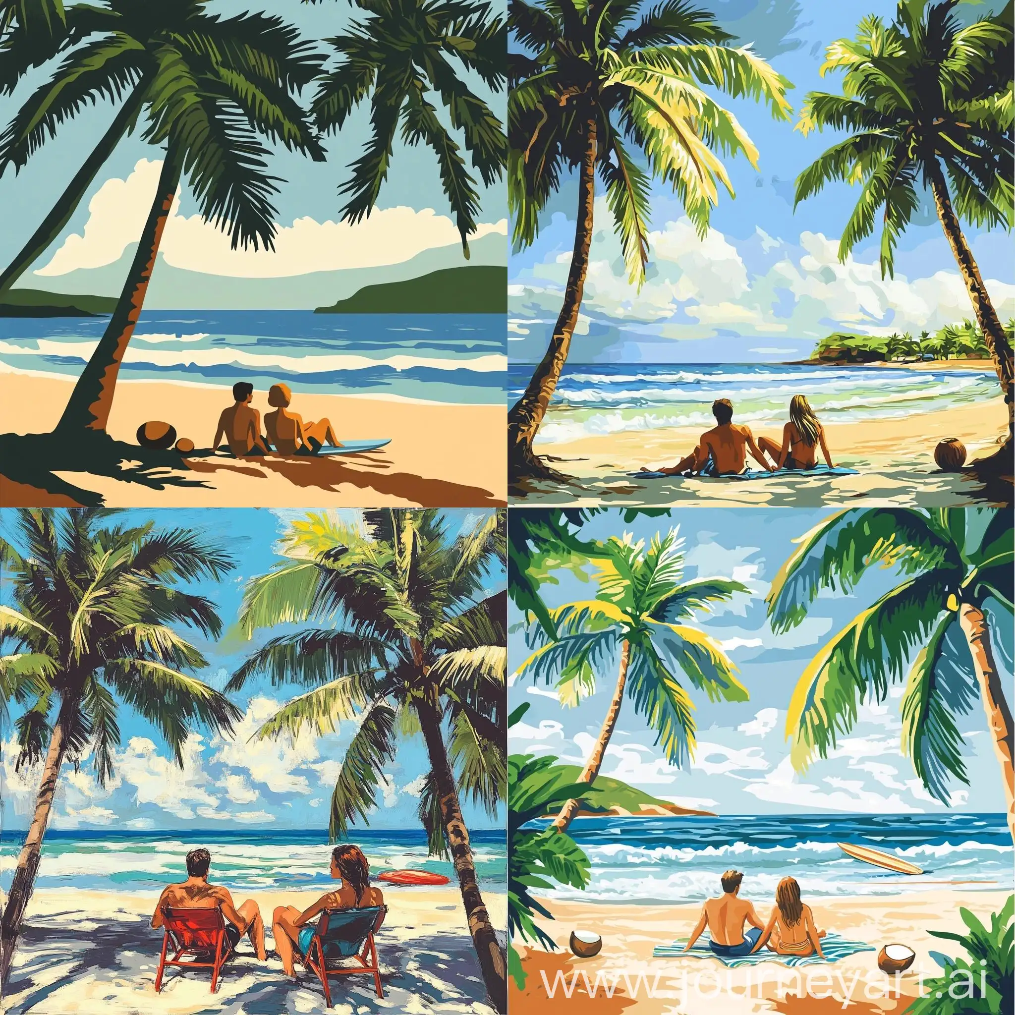 Couple-Relaxing-on-Thailand-Beach-with-Palm-Trees-and-Surfing