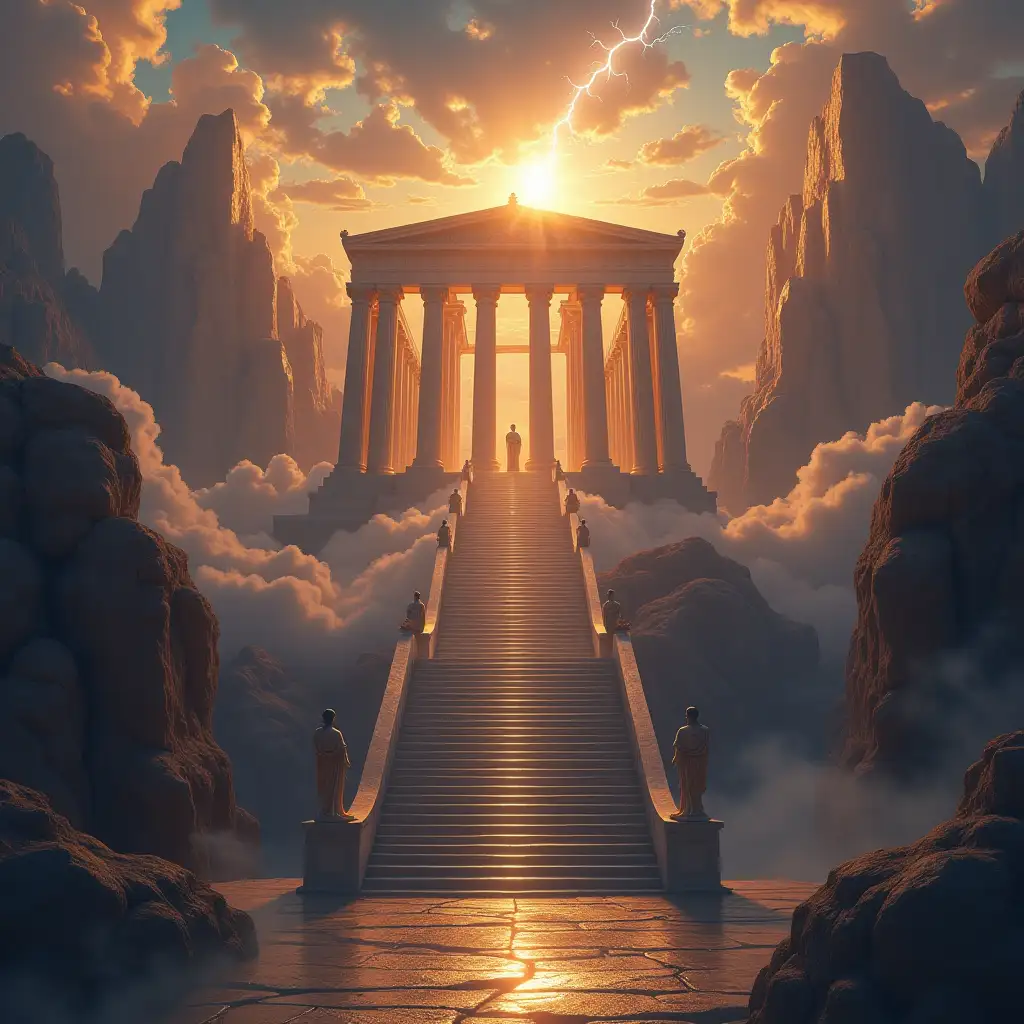 A breathtaking scene atop Mount Olympus, the mythical home of the Greek gods. The grand marble temples with towering pillars gleam under the golden light of the setting sun, surrounded by floating clouds. The sky is painted in shades of deep orange, purple, and blue, with divine lightning occasionally flashing in the distance. In the foreground, a majestic staircase made of white marble leads to an enormous central temple adorned with intricate carvings of gods and heroes. Ethereal figures of Greek deities can be seen walking among the clouds, their flowing robes and golden auras radiating divine energy. The mountain peaks stretch endlessly into the heavens, with waterfalls of pure light cascading down the cliffs. The atmosphere is mystical, grand, and awe-inspiring, capturing the legendary essence of Greek mythology.