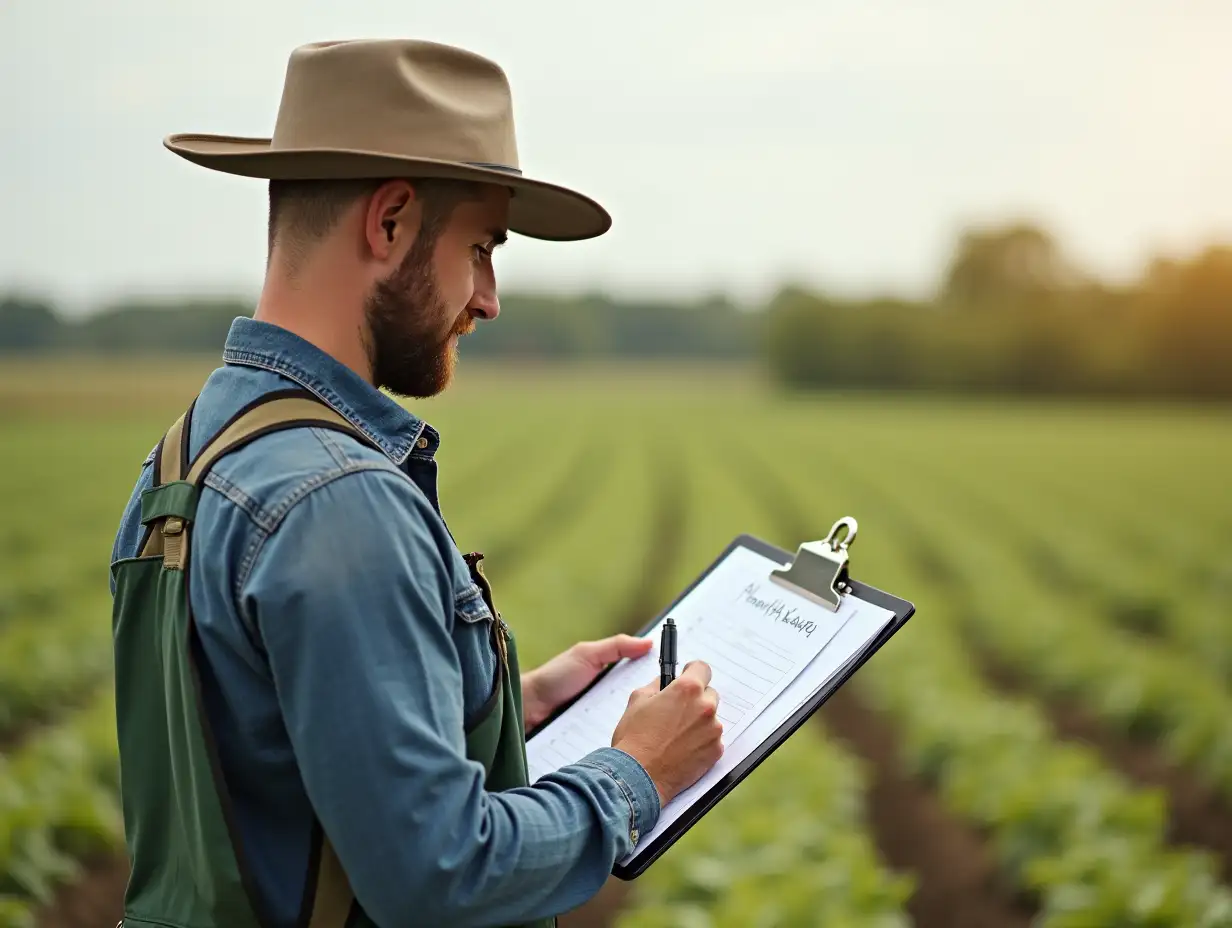 Male-Farmer-Reviewing-Produce-Quality-Outdoors-with-Clipboard