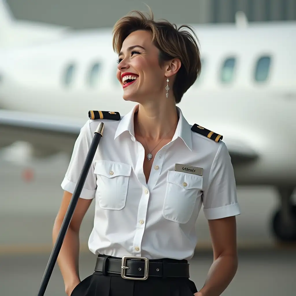 norvegian lady , in white casually pilot uniform unbuttoned shirt, laughing with her mouth open, red lipstick accentuating her smile,belt on waist, big wide hips, chest are fully grown, jewerly, short hair, HD, holds long riding crop, airport, photo-realism,