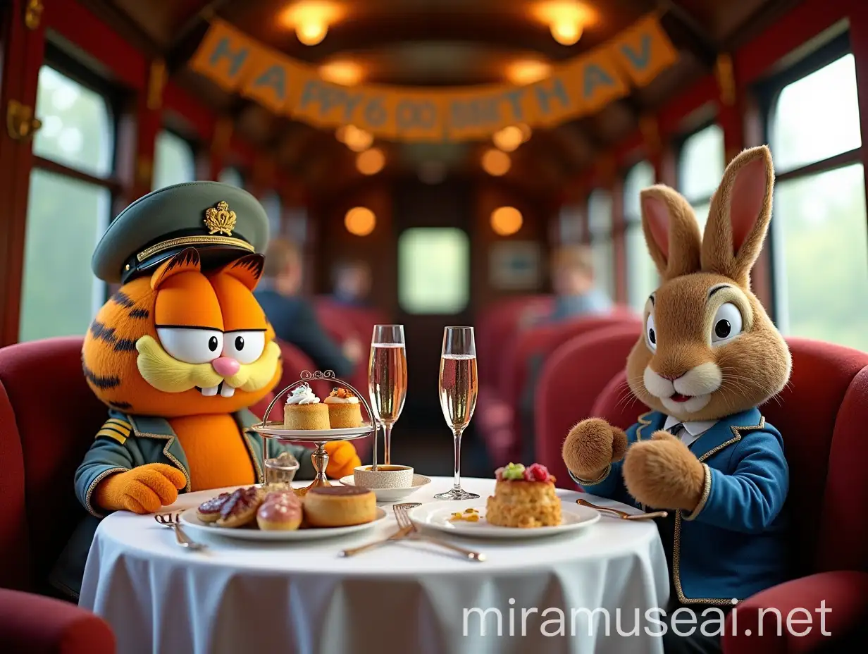 Luxurious English High Tea and Champagne Celebration with Garfield and Peter Rabbit on a Train Carriage