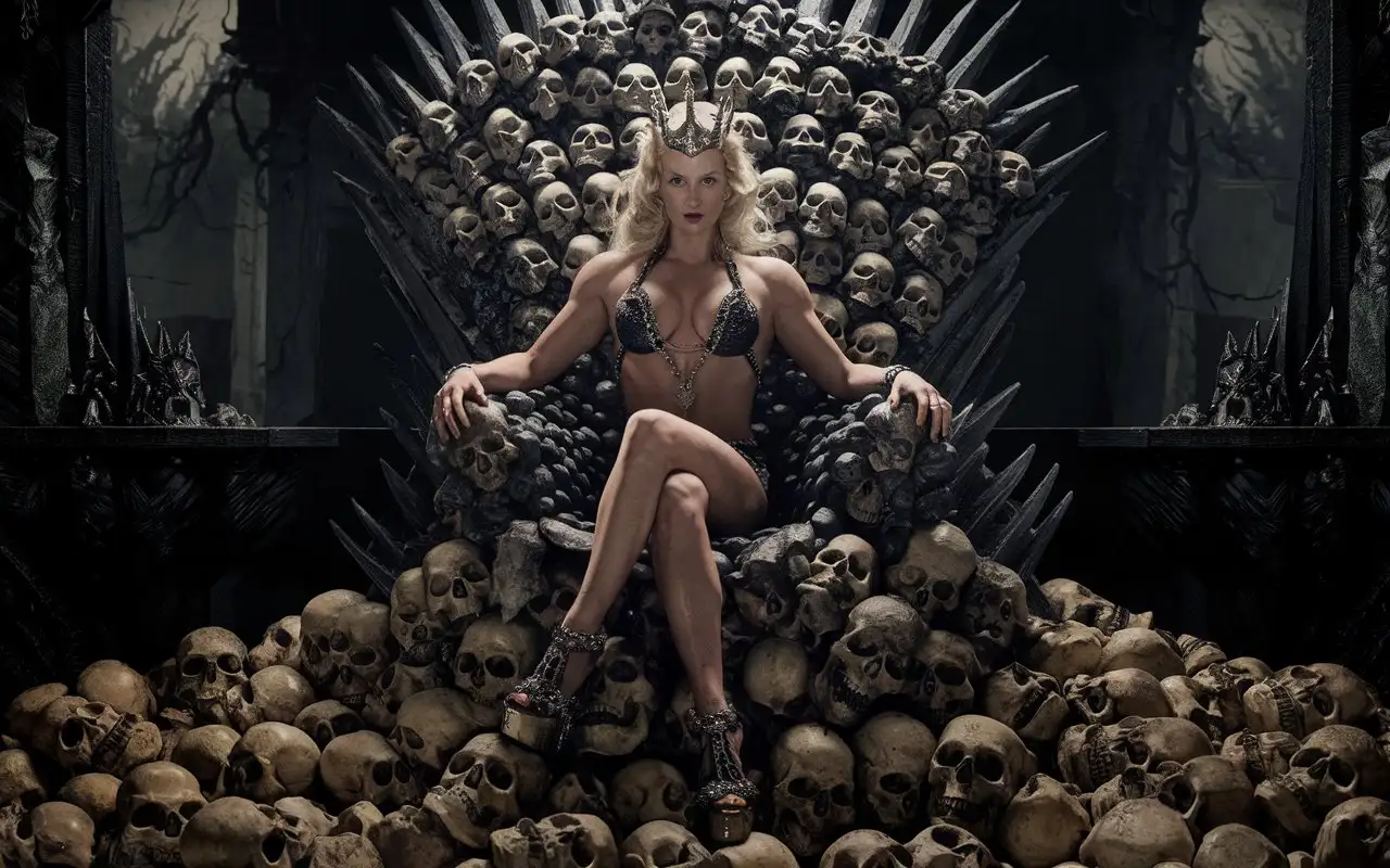 Evil-Queen-Bodybuilder-Charlize-Theron-on-Throne-of-Skulls-in-Dark-Castle