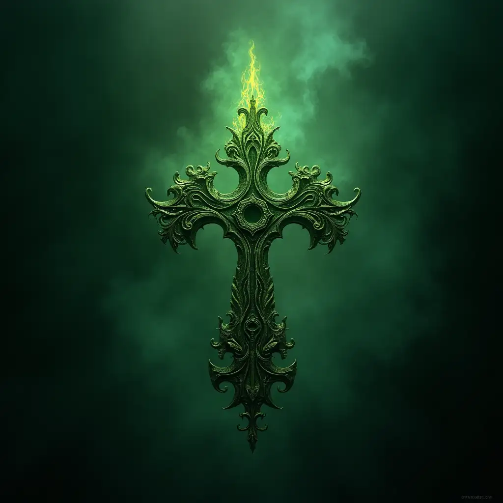 Generate a highly detailed image of the Soul rune with a fiery ornament and a foggy-smoky background in black and bright green color