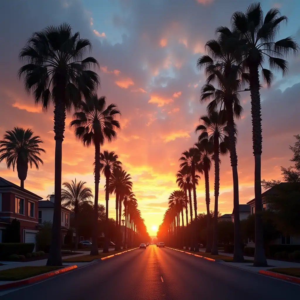 Sky sunset palm trees avenue