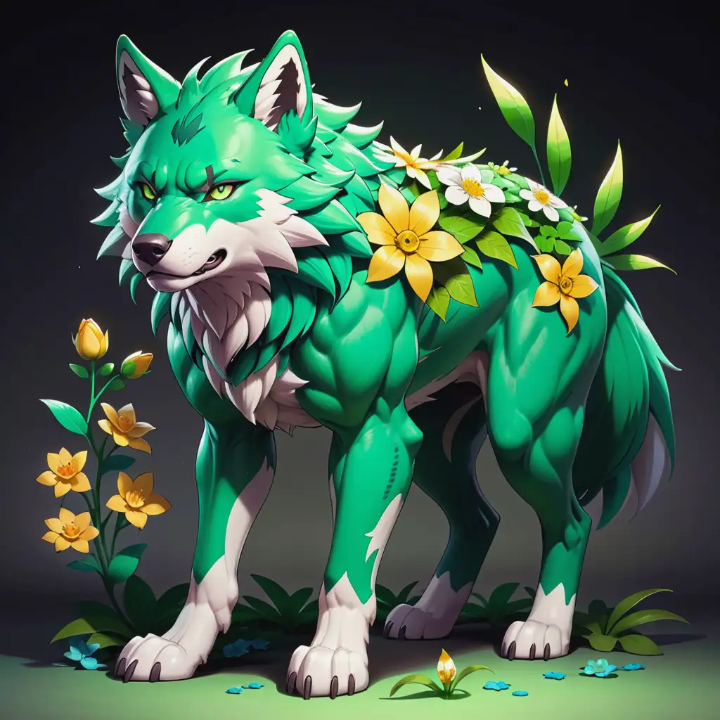 2d-anime-cartoon draw green-large-strong-serious-alpha-wolf-coverd-with-many-flowers-on-body in pokemon-style full lenght