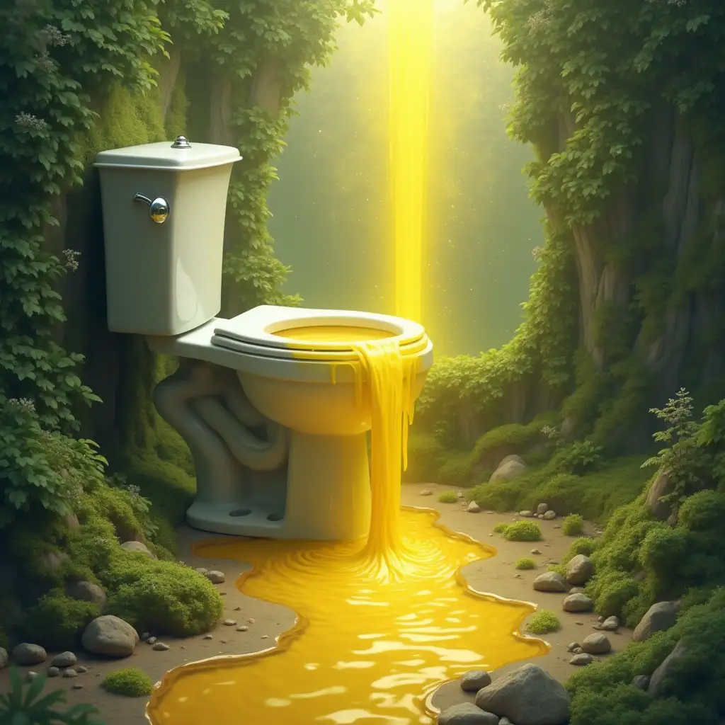 a yellow stream falling into a toilet, in an imaginary magical world