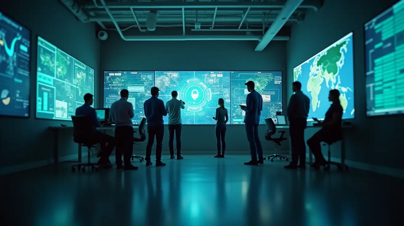 A modern corporate office with diverse professionals working together on cybersecurity projects, large screens displaying digital security graphics, a collaborative environment with high-tech design. Bright lighting, welcoming and inclusive atmosphere, with hints of blue and green tones representing technology 