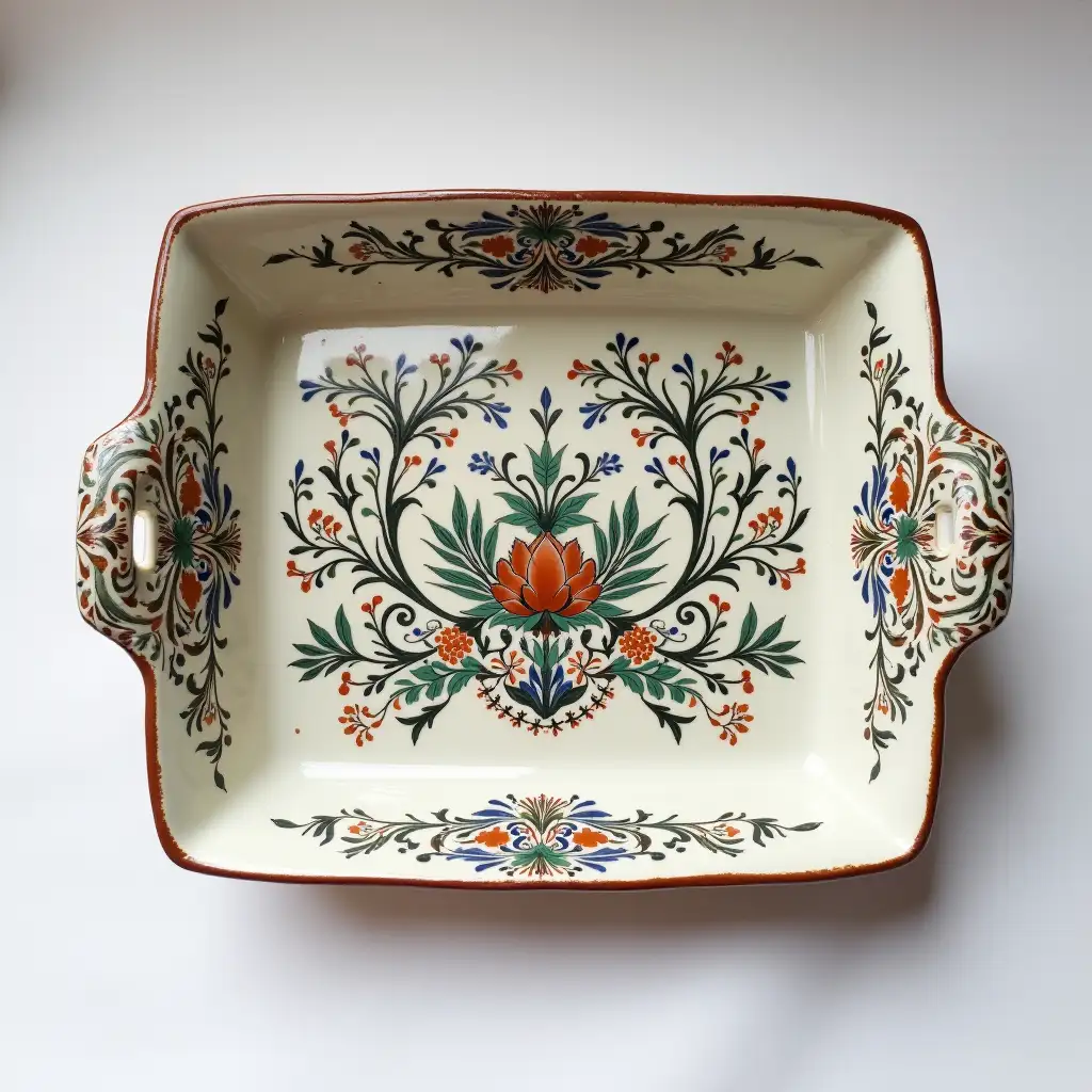 Rectanglere with rounded corners ceramic serving dish with embossed beautiful Ceramic handle, Underglaze painting on white body, Fine art, Hyper detailed, Antique and old, Qajar art, Iranian Tabriz carpet design