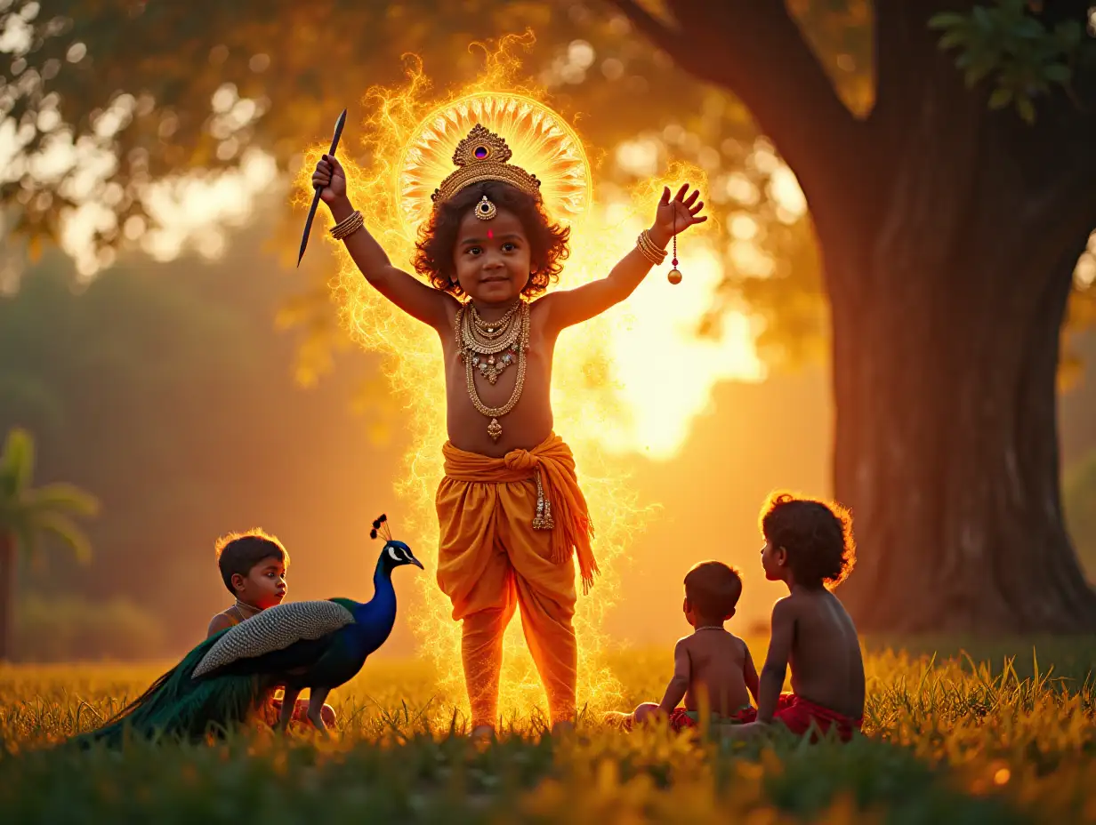 A young child embodies the divine energy of Lord Murugan, playing with peacocks in a vibrant garden. His face seamlessly transforms into a youthful, glowing depiction of Lord Murugan, with a third eye and divine aura. He raises a vel (spear) to dispel dark clouds, showcasing his divine power. The video ends with him sitting under a banyan tree, surrounded by children, as the setting sun casts a golden glow. Cinematic, ultra-detailed, 16:9 aspect ratio, glowing effects, warm and cool color palette.