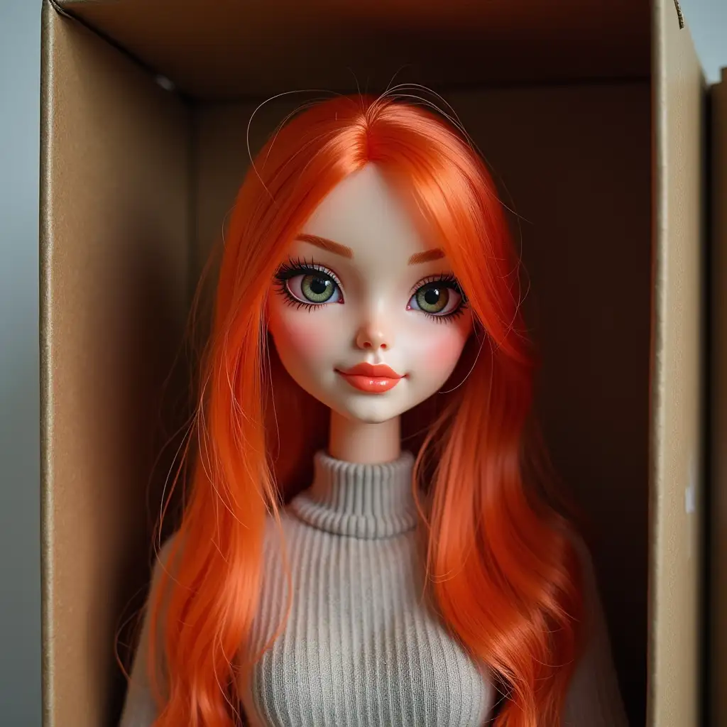 doll in a box , red hair , thin , straight hair, airbrush accessories , coffee , tent camping , and lotions