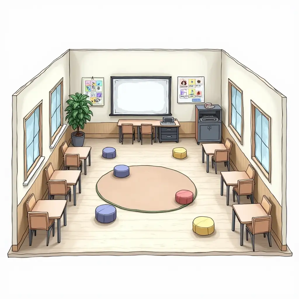 Music-Classroom-with-Windows-Multimedia-Board-and-School-Desks