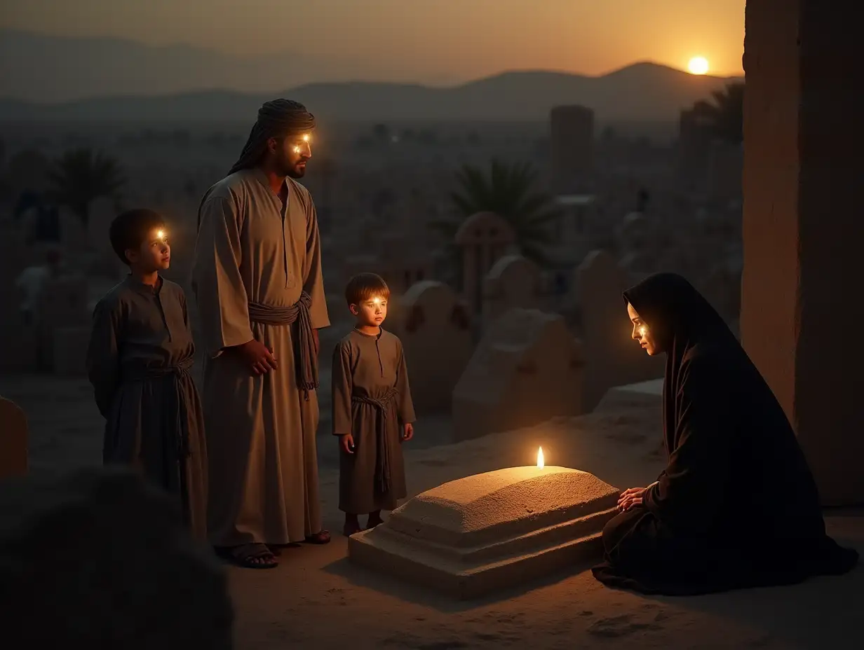 A somber scene in an ancient cemetery resembling the historic Baqi Cemetery, set during a calm twilight with a faint, golden glow from the horizon. At the center is a grave, around which a family has gathered. A man with a strong, dignified Arab appearance, dressed in traditional robes, stands solemnly beside two young boys. All three have a radiant glow on their faces, symbolizing their spiritual significance. Near the grave, a woman draped in a black chador, her face also illuminated with a divine light, is seated with an expression of deep sorrow and mourning. She leans over the grave, her hands on the ground, her face wet with tears, capturing the pain of loss. The atmosphere is heavy with reverence and grief, depicting the moment of the Prophet’s passing and his burial by his family. The surroundings are sparse, with ancient, weathered tombstones, and the overall tone is one of profound spirituality and reverence.