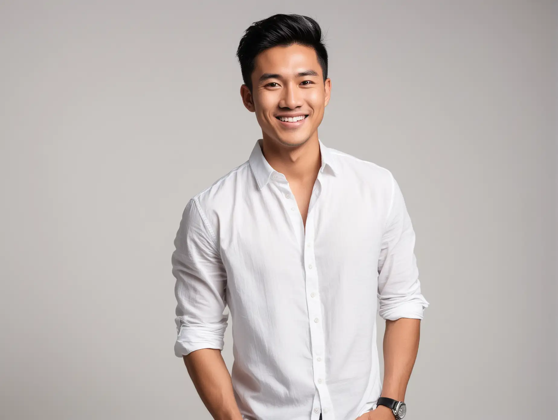 Confident-Asian-Male-Influencer-Smiling-in-Stylish-White-Shirt