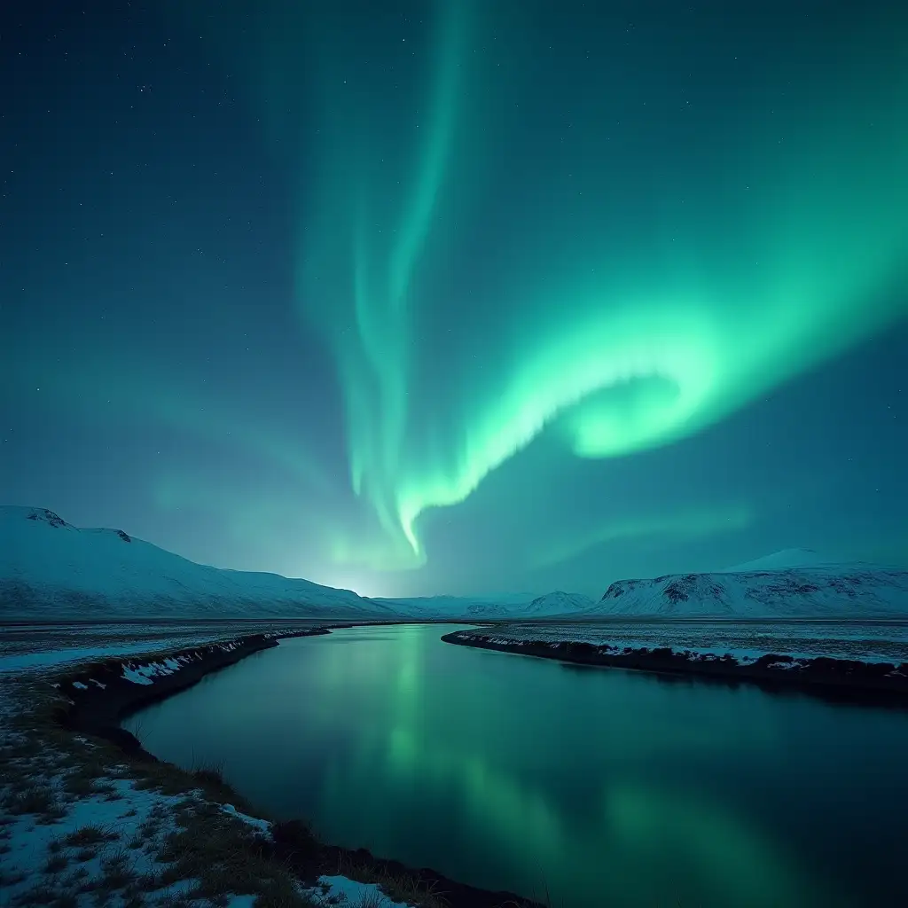 Create a hyperrealistic landscape with Northern Lights in high definition in Iceland at night