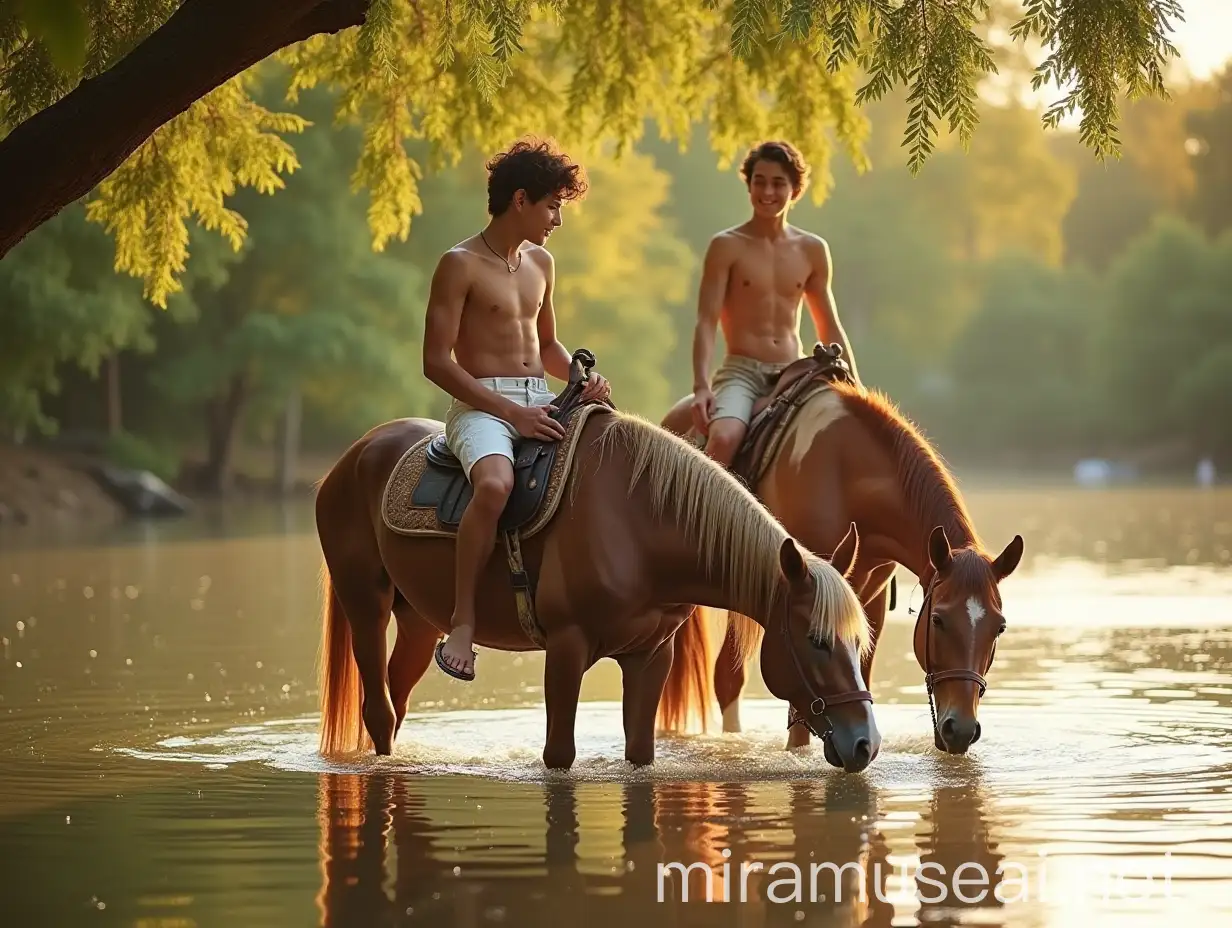 Roma Gypsy Boy Connecting with Horses in a Serene Lakeside Setting