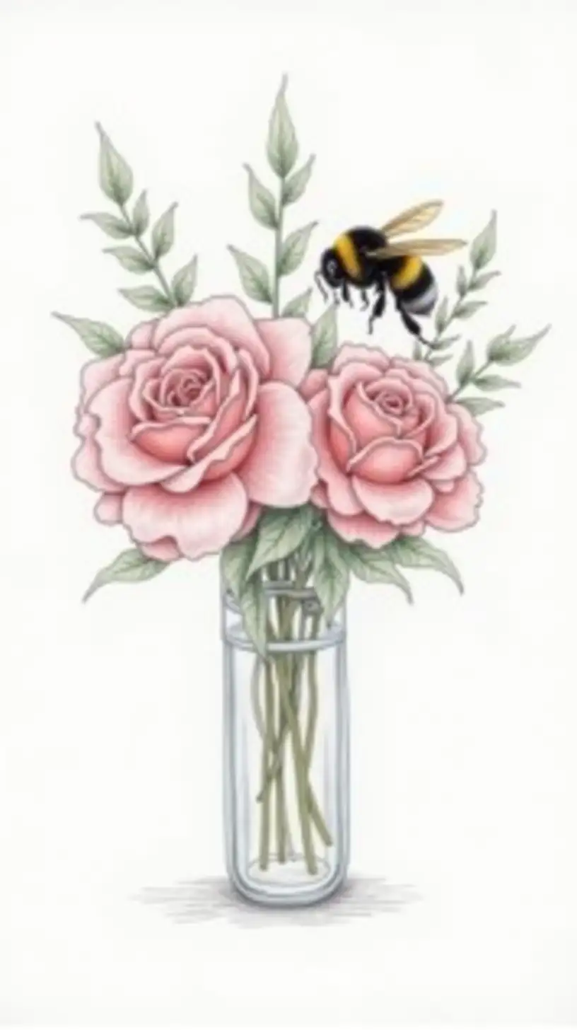 Bumble bee flying around a rose bouquet in a crystal vase colored pencil drawing