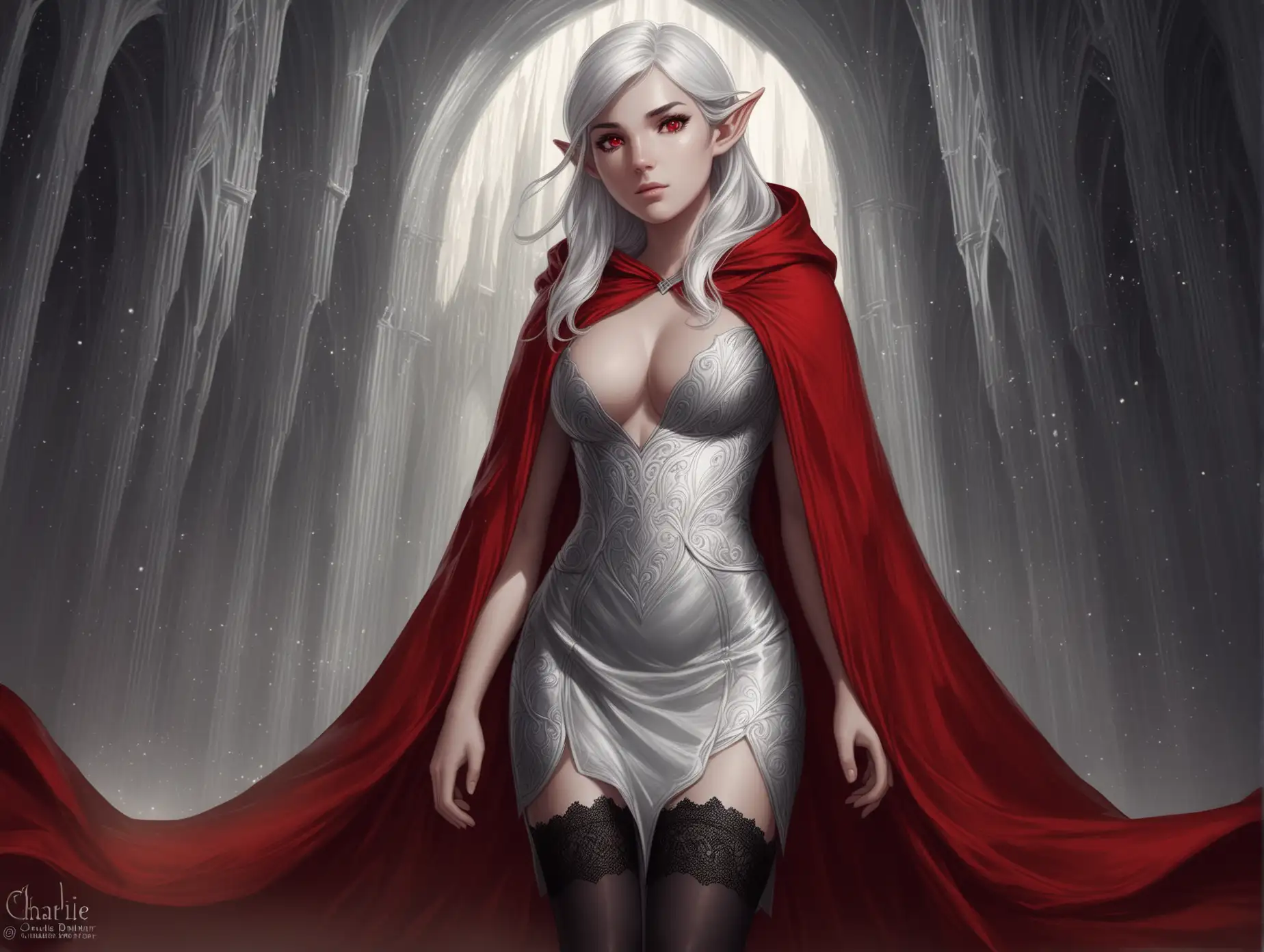 Elf-with-White-Hair-and-Red-Eyes-in-Silver-Dress-and-Red-Cloak