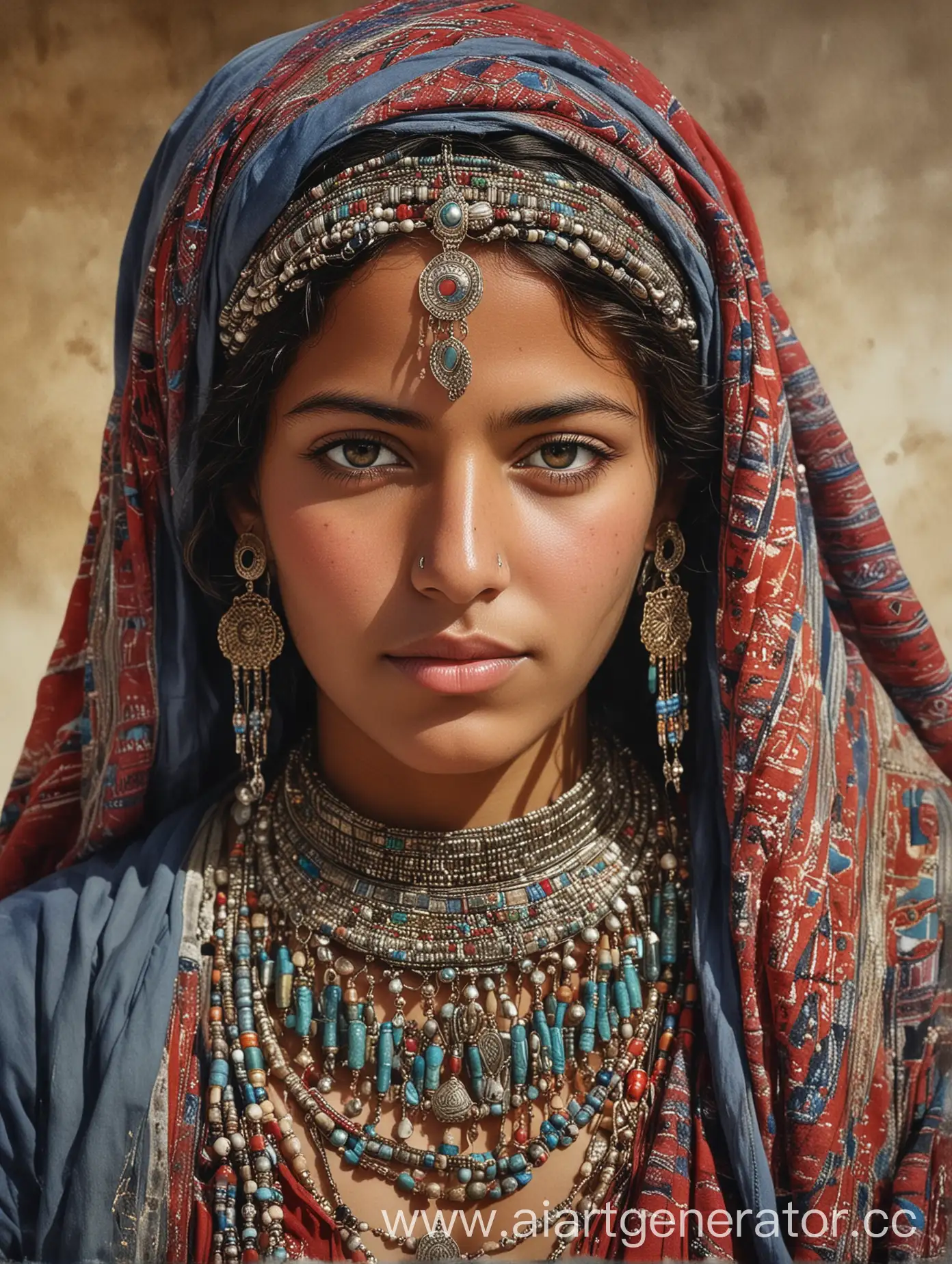 Young-Tunisian-Bedouin-Woman-in-Traditional-Jewelry-and-Clothing-Watercolor-Art