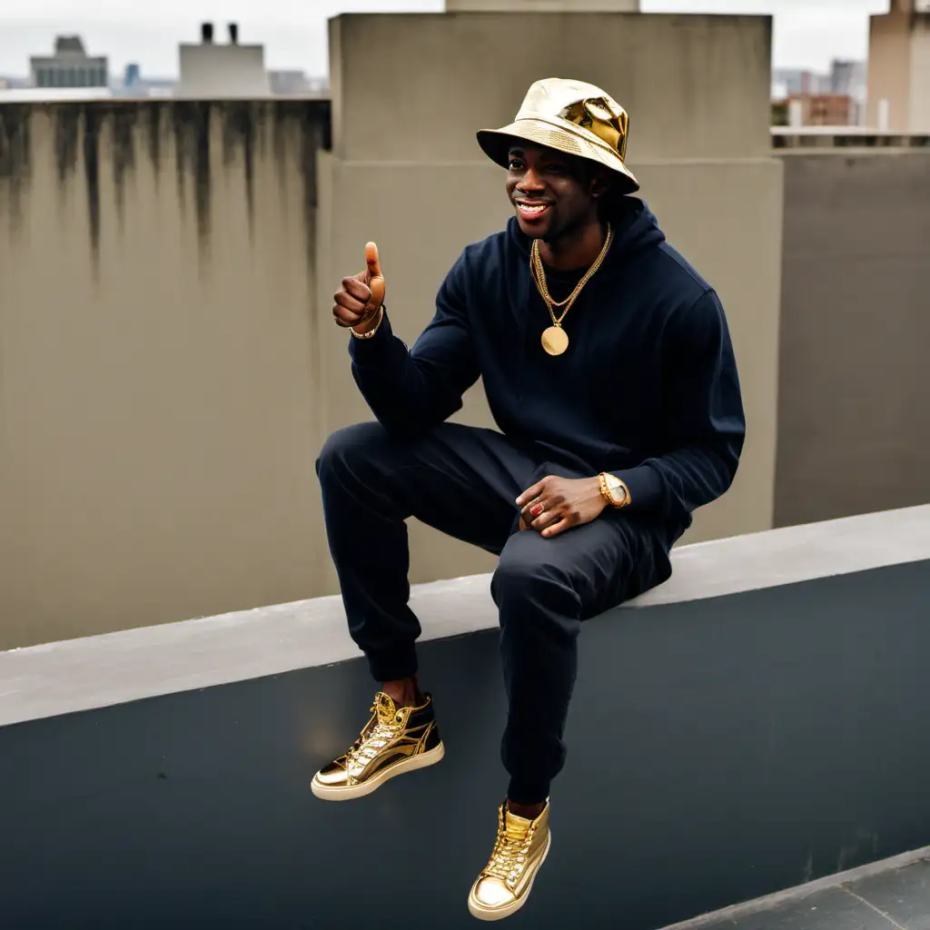 Stylish Black Man in Bucket Hat Giving Thumbs Up on Ledge